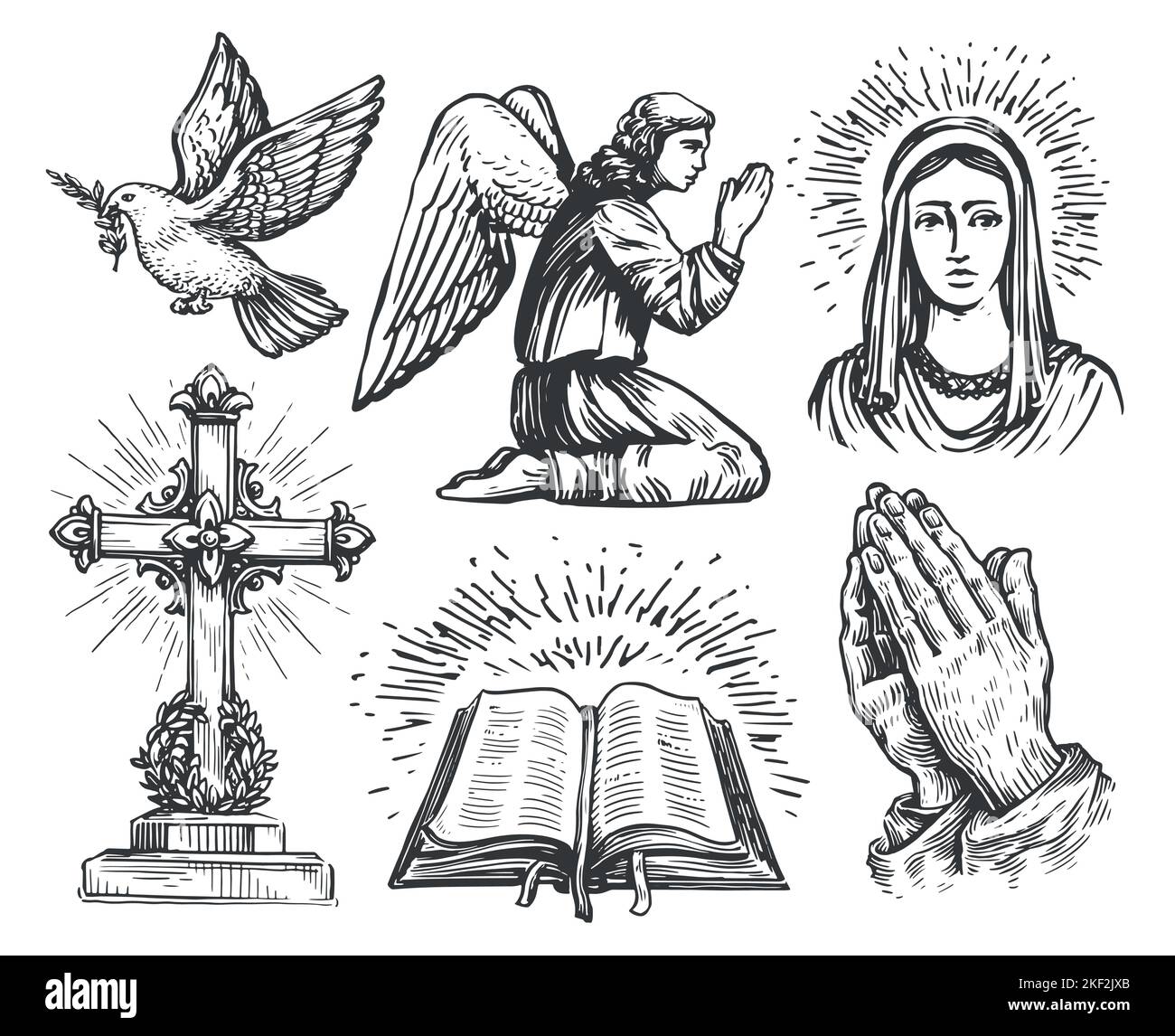 Ange de prière, mains pliées dans la prière, Croix chrétienne, livre de bible, colombe volante avec branche d'olivier, Sainte Maria Illustration de Vecteur
