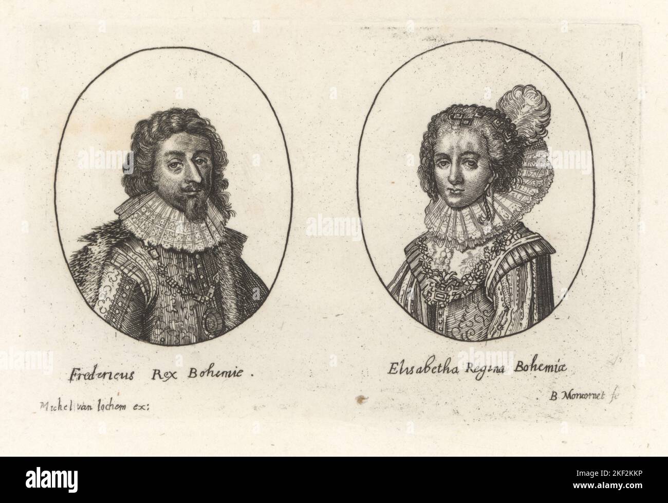 Frederick V, roi de Bohême, 1596-1632, et Elizabeth Stuart, reine de Bohoria, 1596-1662. Fredericis Rex Bohemie, Elisabetha Regina Bohemia. De l'rare imprimé de Balthasar Moncornet publié par Michel van Lochem. Gravure sur plaque de coperplate de la galerie des portraits rares de Samuel Woodburn, composée de plaques originales, George Jones, 102 St Martin's Lane, Londres, 1816. Banque D'Images