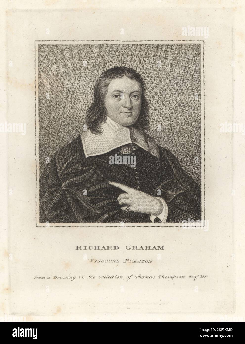 Richard Graham, 1st Viscount Preston, diplomate anglais et conspirateur Jacobite, 1648-1695. En cloak, col large, double et anneau pinky. D'un dessin d'après Simon du Bois dans la collection de Thomas Thompson. Gravure sur plaque de coperplate de la galerie des portraits rares de Samuel Woodburn, composée de plaques originales, George Jones, 102 St Martin's Lane, Londres, 1816. Banque D'Images