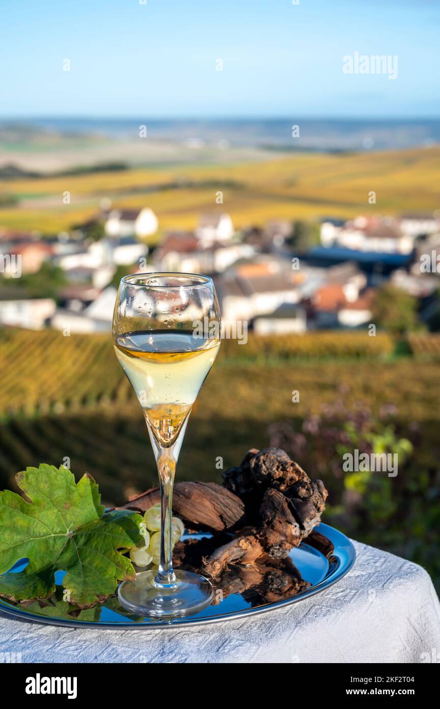Dégustation de vin blanc mousseux français avec bulles de champagne sur ...