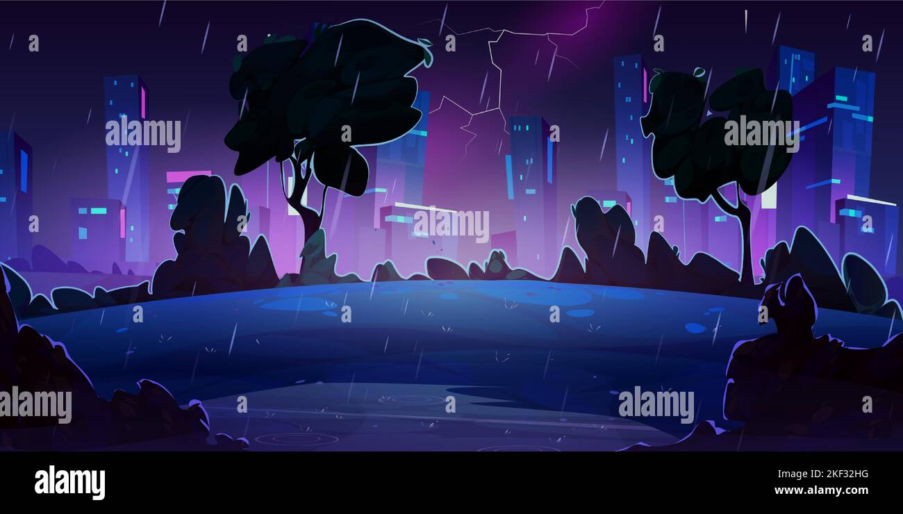 Orage de nuit avec pluie et foudre en ville avec parc et gratte-ciel. Paysage d'été avec silhouettes d'arbres sombres et maisons sur la ligne d'horizon en pleine tempête, illustration de dessins animés vectoriels Illustration de Vecteur