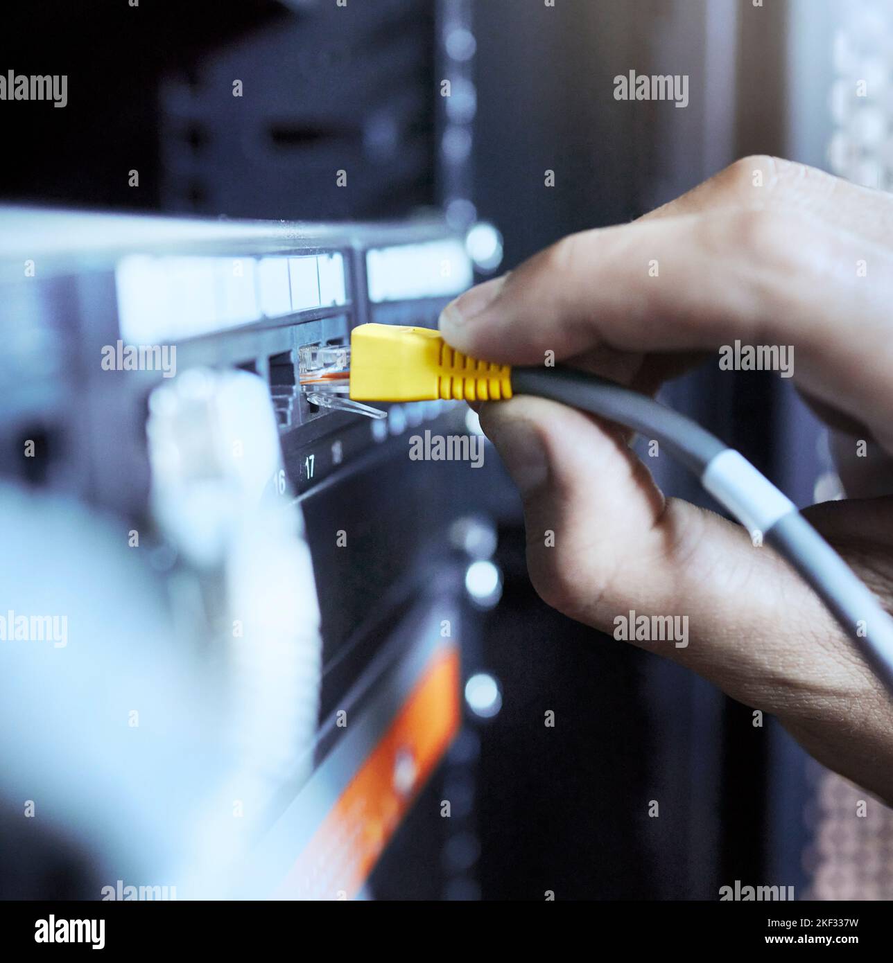 Serveur, technologie de l'information et gros plan du câble d'ordinateur pour la transmission de bases de données par un ingénieur. Technicien en programmation, codage et INFORMATIQUE Banque D'Images
