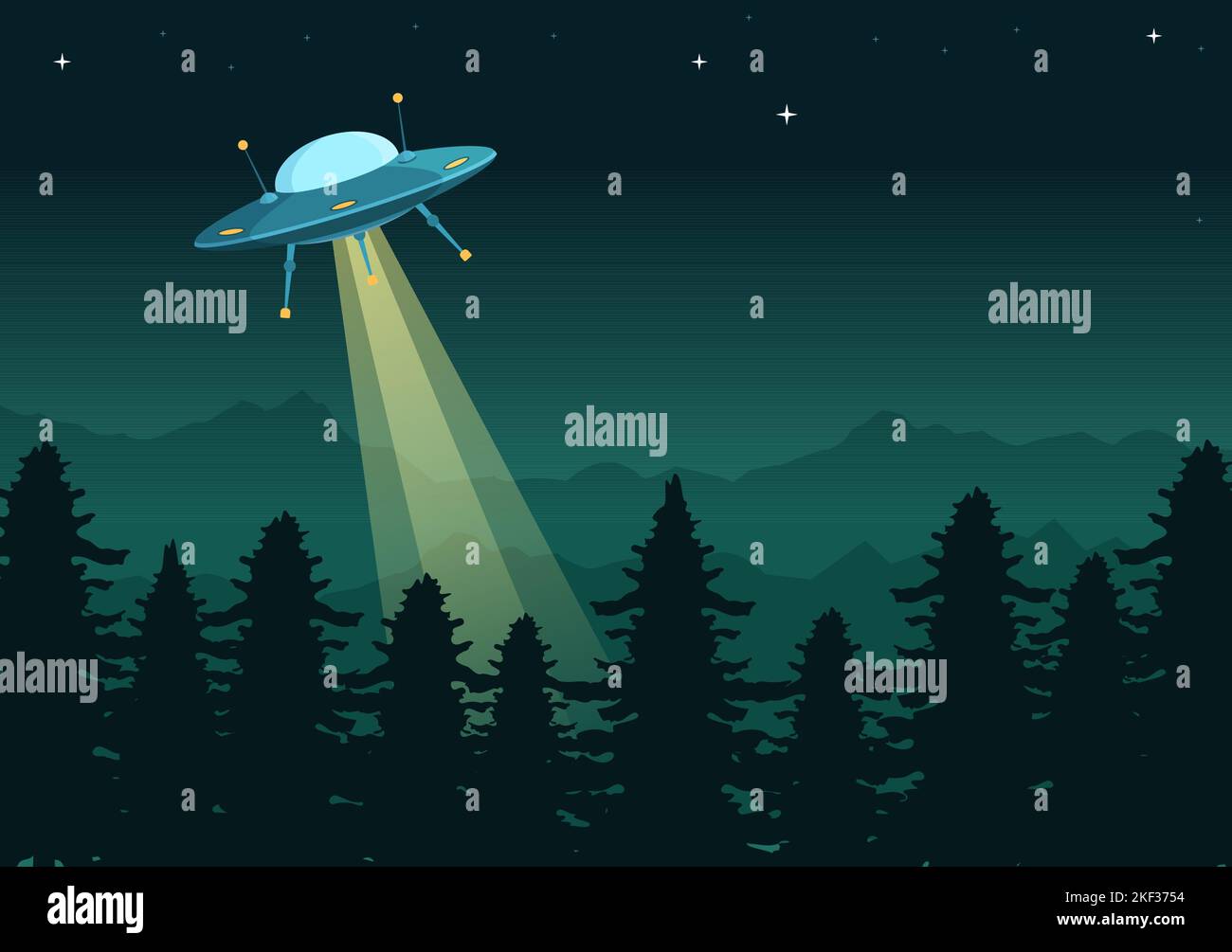 UFO Flying Spacuhip avec des rayons de lumière dans Sky Night City View et Alien dans Flat Cartoon dessin à la main modèles Illustration Illustration de Vecteur