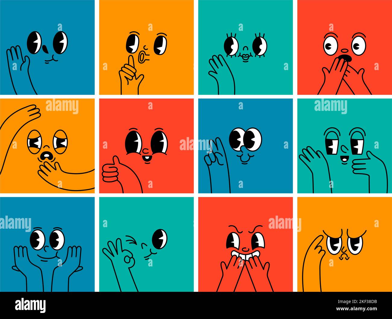 Dessins animés visages de personnes. Avatar drôle d'expressions faciales avec visage rétro et gestes de main. Jeu d'arrière-plan vecteur d'humeur Illustration de Vecteur