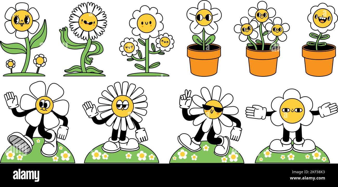 Mascotte de fleur de dessin animé. Marguerites en pot, mascotte de printemps fraîche et personnages de fleurs rétro avec mains et jambes ensemble vectoriel Illustration de Vecteur