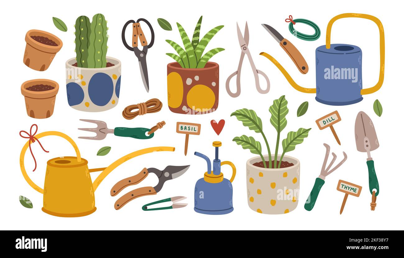 Ensemble d'outils et de plantes de jardinage dans des pots isolés sur blanc. Ensemble d'équipements pour les plantes domestiques. Vecteur de dessin animé plat. Illustration de Vecteur