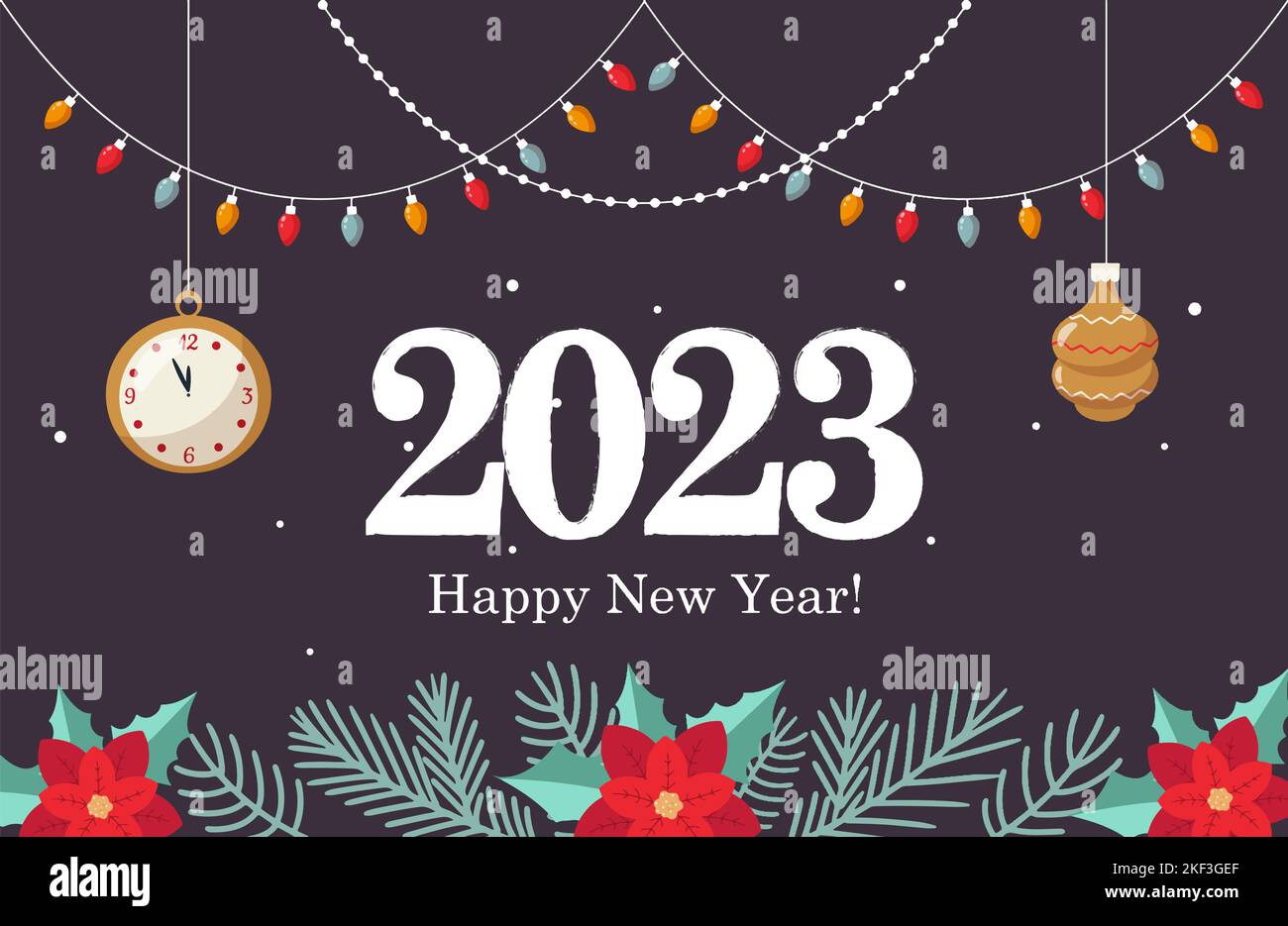 Inscription 2023 et bannière bonne année du nouvel an avec décorations pour arbres de Noël Illustration de Vecteur