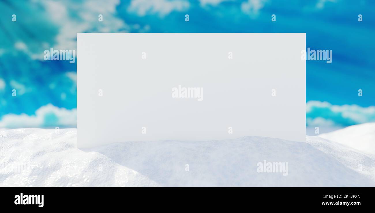 Carte blanche vide sur neige, ciel bleu et arrière-plan hiver enneigé, espace de copie. Modèle de carte de vœux de Noël. 3d rendu Banque D'Images