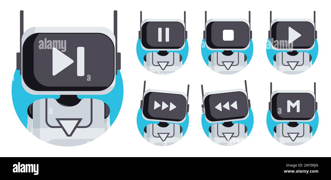 Conception de jeu de vecteurs de caractères de robot. Robots personnage avec le symbole de bouton de lecture, de pause et d'arrêt vidéo pour la collection de robots d'intelligence artificielle. Illustration de Vecteur