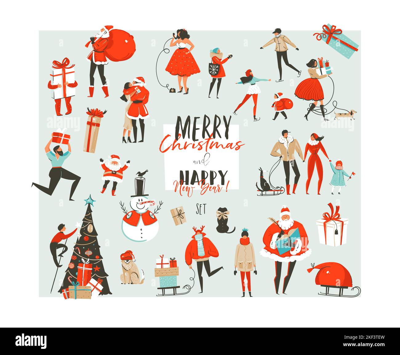Abstrait vectoriel dessiné à la main Joyeux Noël et joyeux nouvel an grand dessin animé collection d'illustrations ensemble design éléments avec le Père Noël, les gens Illustration de Vecteur