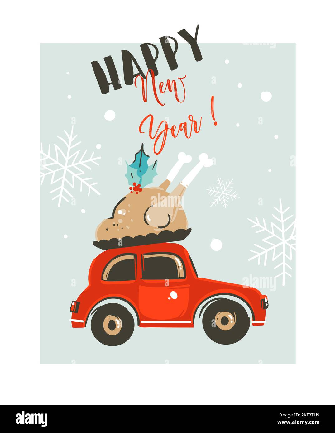 Dessin à la main vecteur Merry Christmas dessin animé graphique carte d'illustration modèle avec voiture rouge livre la turquie pour le dîner et la typographie moderne Illustration de Vecteur