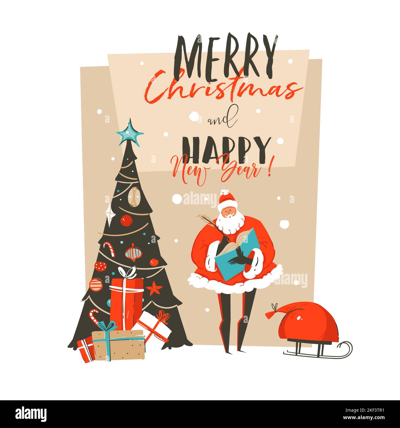 Résumé vectoriel dessiné à la main Merry Christmas et Happy Year New Time illustration carte de voeux avec boîtes cadeau surprise du Père Noël, Noël Illustration de Vecteur