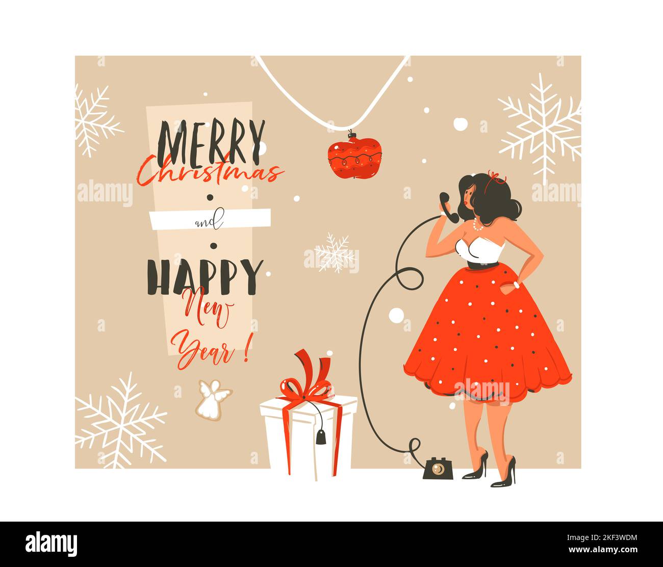 Abstrait vectoriel dessiné à la main Joyeux Noël et bonne heure du nouvel an vintage dessin animé carte de voeux avec la femme belle en robe, boîte cadeau Illustration de Vecteur Abstrait vectoriel dessiné à la main Joyeux Noël et bonne heure du nouvel an vintage dessin animé carte de voeux avec la femme belle en robe, boîte cadeau Illustration de Vecteur