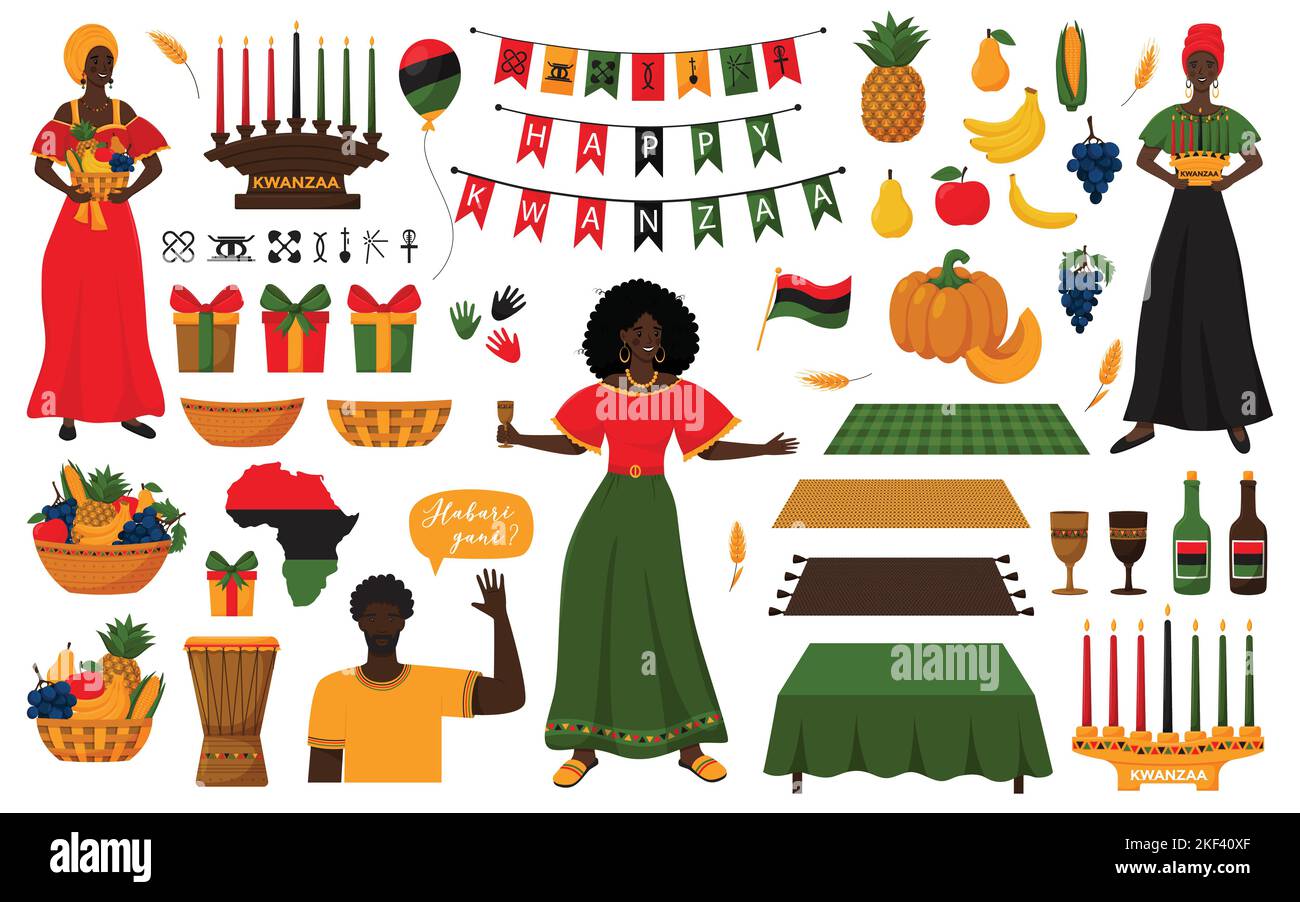 Ensemble d'éléments décoratifs pour les vacances afro-américaines Kwanzaa. Femmes en robes, chandelier, Kinara, fruits, boîtes-cadeaux, mkeka, tambour, tasse, bouteille, Illustration de Vecteur