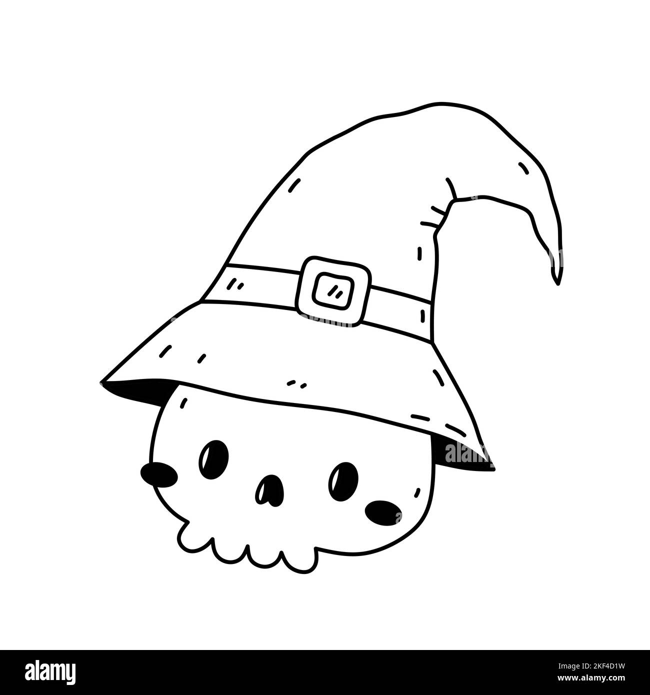 Crâne mignon dans un chapeau de sorcière isolé sur fond blanc. Illustration vectorielle dessinée à la main, style doodle. Parfait pour les cartes, les décorations, le logo et les motifs d'Halloween. Illustration de Vecteur