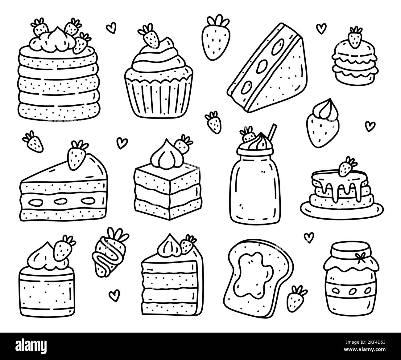 Ensemble mignon avec desserts à la fraise et boissons isolées sur fond blanc. Illustration vectorielle dessinée à la main, style doodle. Parfait pour les cartes, le menu, le logo, les décorations, les autocollants, divers modèles. Illustration de Vecteur
