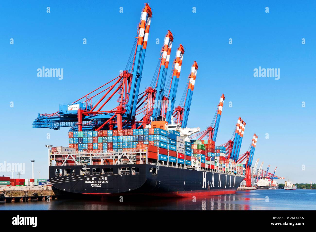 Containerschiffe am Containerterminal Burchardkai im Hamburger Hafen, Hanjin Espagne, Panama, Banque D'Images