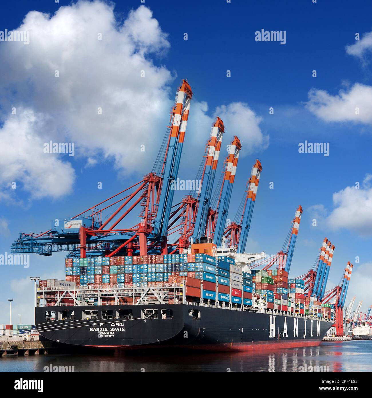 Containerschiffe am Containerterminal Burchardkai im Hamburger Hafen, Hanjin, Espagne, Panama, Banque D'Images
