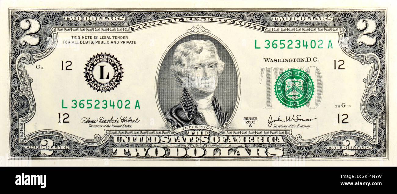 Eine seltene 2-US-Dollar Banknote, Green Back, US-Währung, dollars, Zwei dollars, Geldschein, Dollarschein, Vorderseite, Banque D'Images
