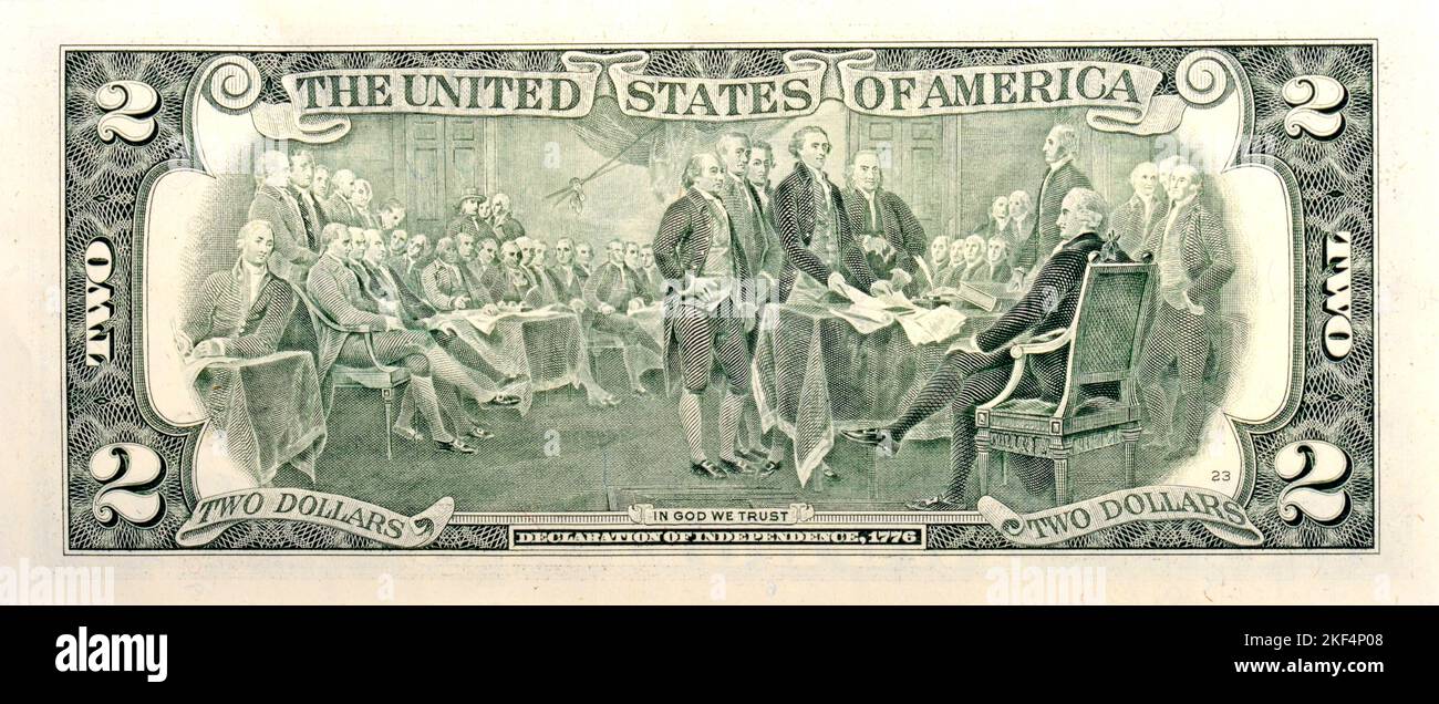Eine seltene 2-US-Dollar Banknote, Green Back, US-Währung, dollars, Zwei dollars, Geldschein, Dollarschein, Rückseite, Banque D'Images