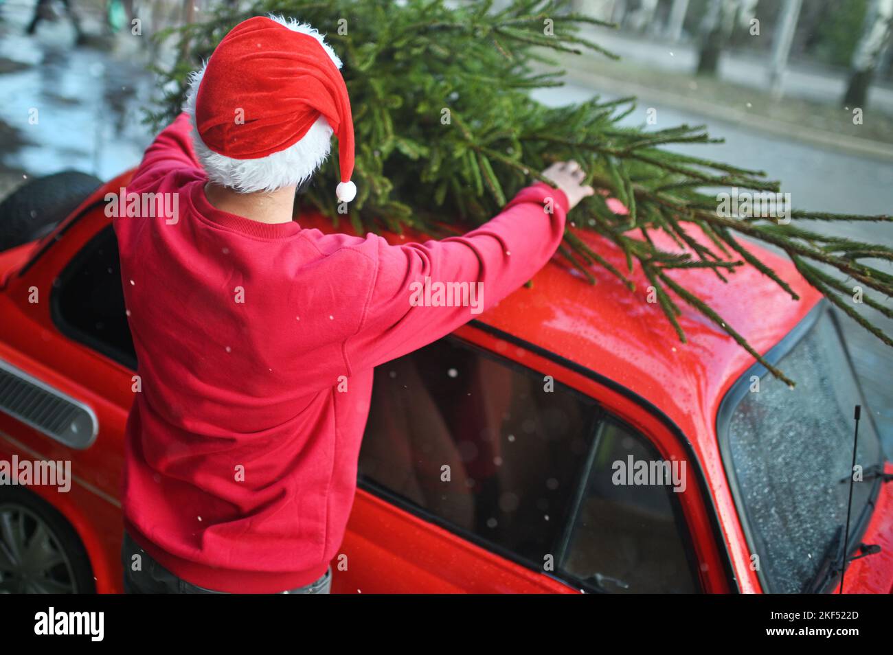 Un jeune homme dans un chandail rouge et un chapeau de père Noël lie un arbre de Noël au toit d'une voiture rétro rouge. Banque D'Images