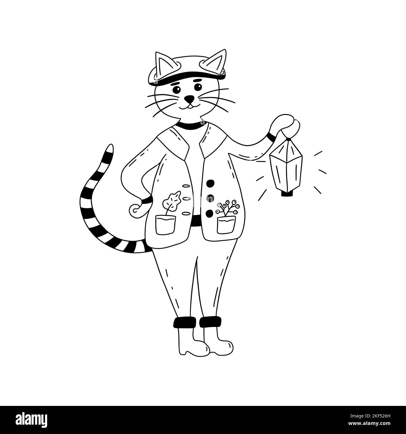 Chat forestier avec queue rayée tient la lanterne dans la patte. Illustration vectorielle noire et blanche isolée Doodle dessiné à la main. Adorable animal en chapeau et bottes en caoutchouc Illustration de Vecteur
