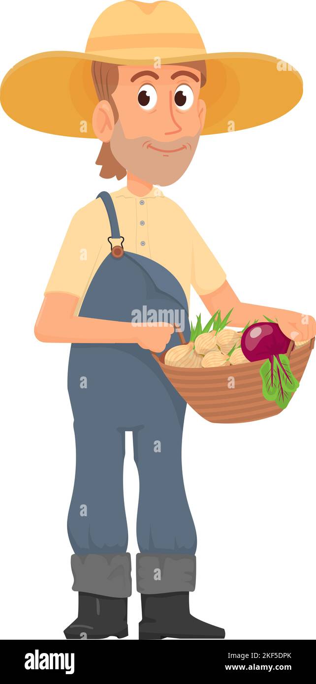 Homme récolte des légumes. Personnage fermier de dessin animé avec panier Illustration de Vecteur