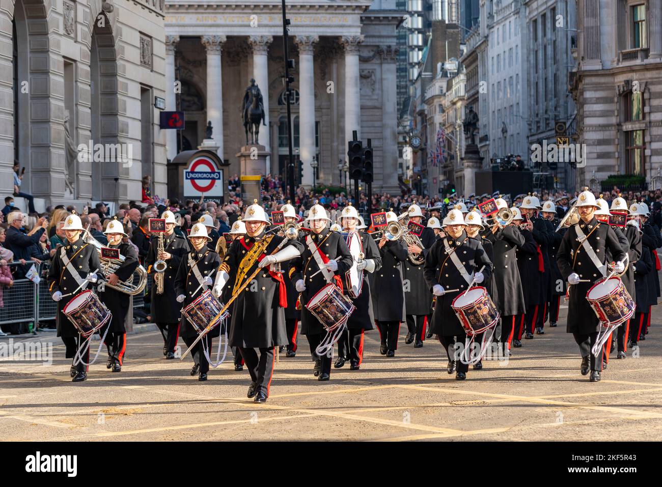 Royal Marines Band du centre d'entraînement Commando au Lord Mayor's Show Parade dans la ville de Londres, Royaume-Uni. Bande de marche Banque D'Images
