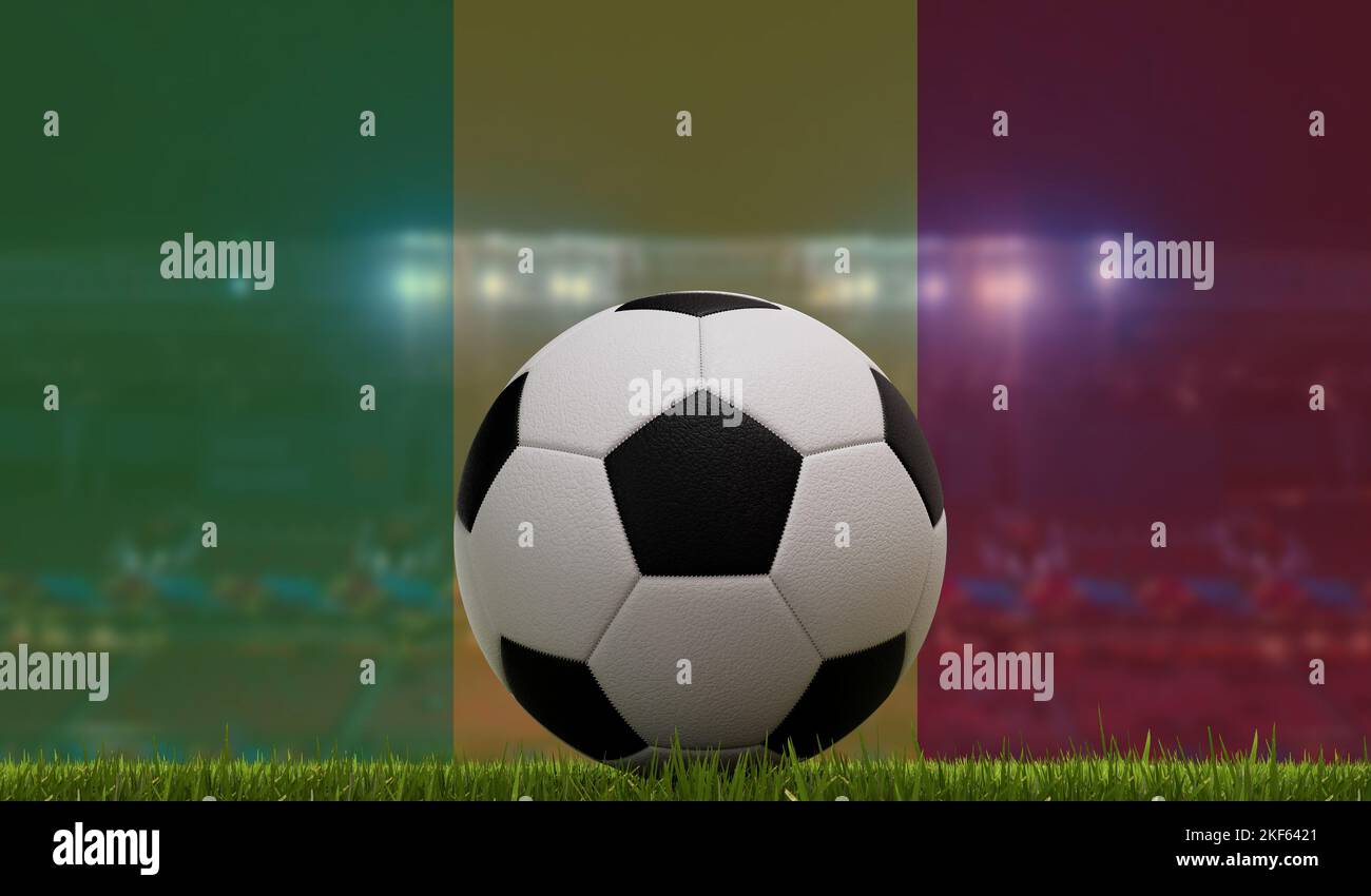 Football ballon de football sur un terrain de pelouse devant les lumières du stade et le drapeau du mali. 3D rendu Banque D'Images
