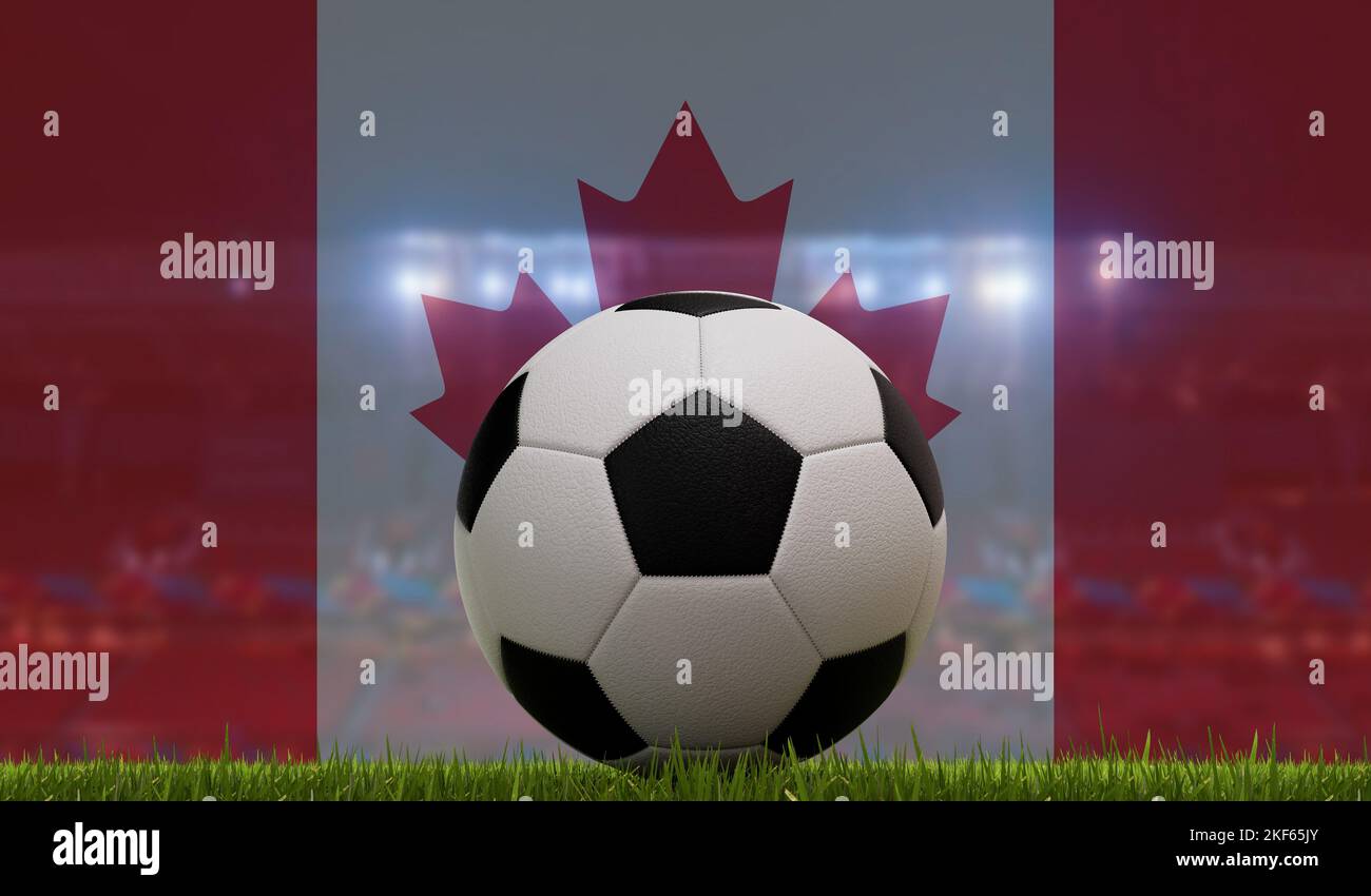 Ballon de football sur un terrain de pelouse devant les lumières du stade et le drapeau du canada. 3D rendu Banque D'Images