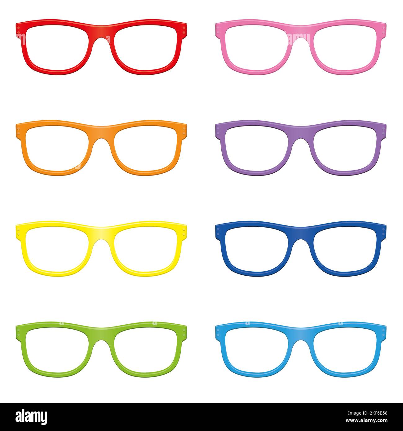 Lunettes, caractéristiques tendance colorées à mettre sur quelqu'un - lunettes modernes colorées avec rouge, orange, jaune, vert, rose, cadre violet et bleu. Banque D'Images