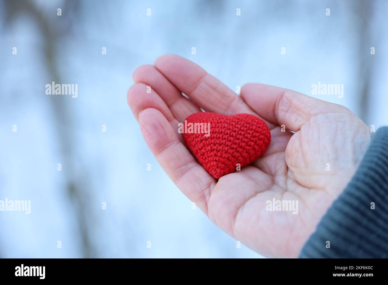 Coeur tricoté rouge dans la main femelle contre la forêt neigeuse. Concept d'amour romantique, vacances de Noël, Saint-Valentin, temps d'hiver ou charité Banque D'Images