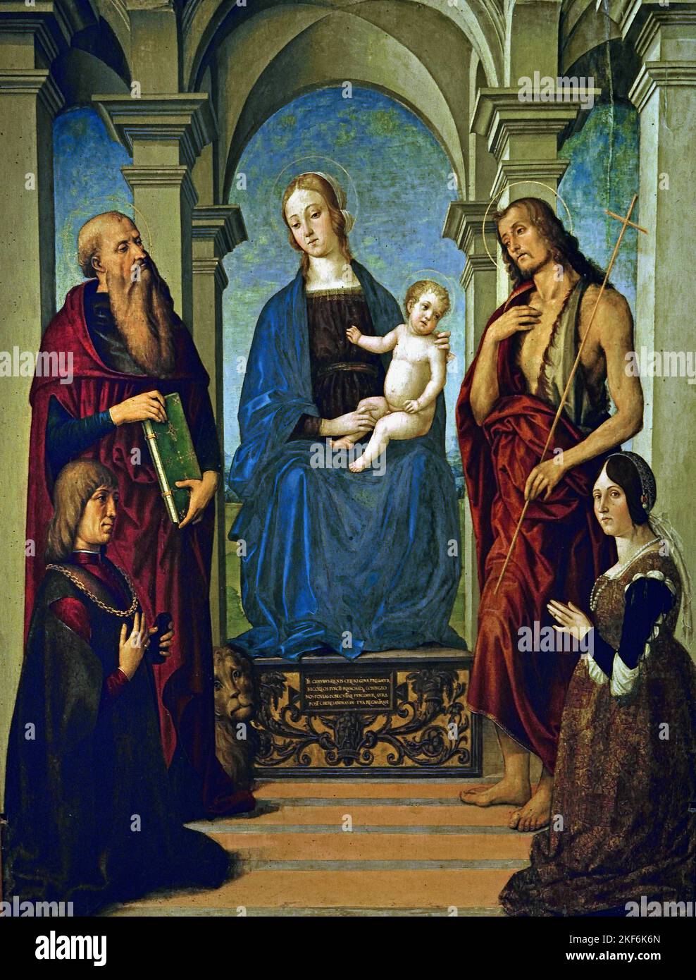 La Vierge et l'enfant avec les saints Jérôme, Jean le Baptiste et les donateurs, Nicolo Rangoni et Bianca Bentivoglio Maître de la Pala Rangoni Modène 15th -16th siècle, Italie, Italien, Banque D'Images