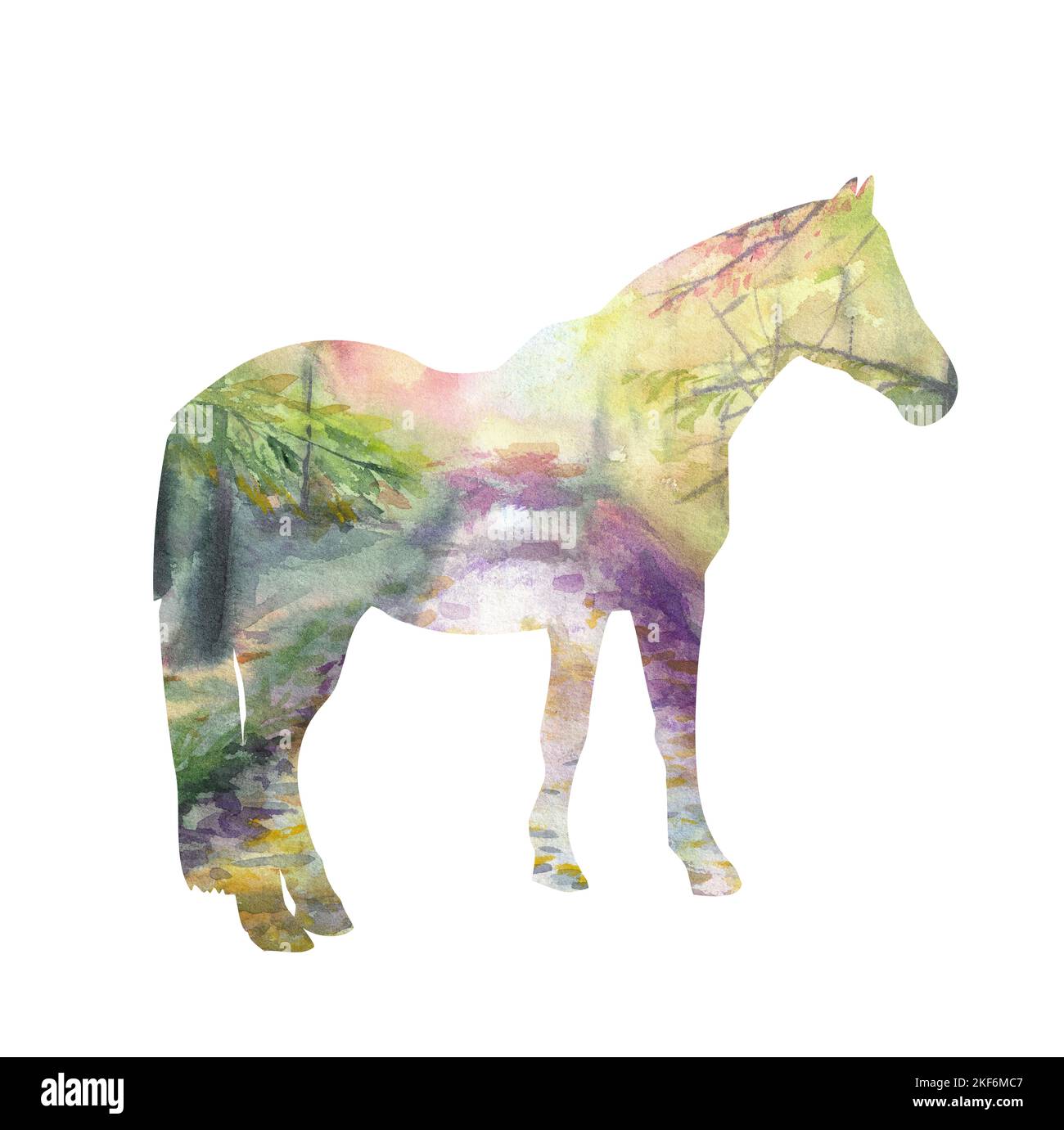 Découpez la silhouette d'un cheval debout avec un motif de forêt aquarelle. Isolé sur fond blanc. Banque D'Images
