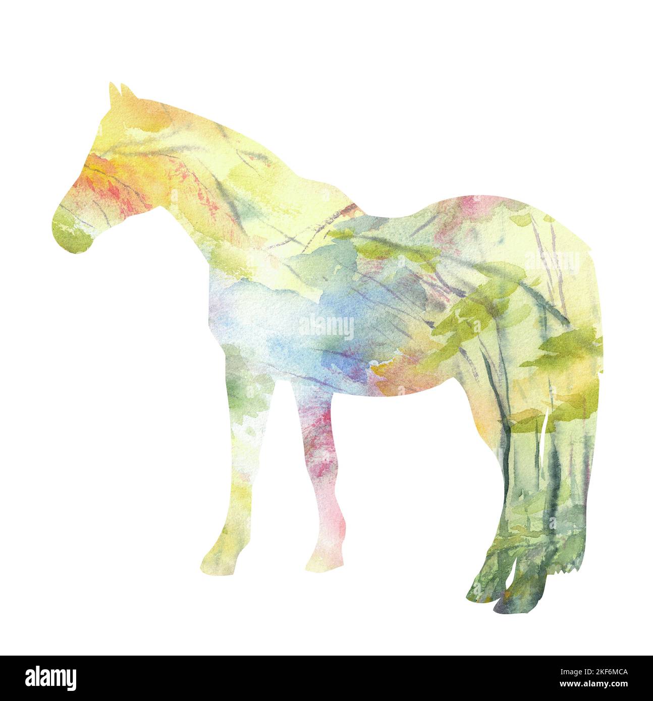 Découpez la silhouette d'un cheval debout avec un motif de forêt aquarelle. Isolé sur fond blanc. Banque D'Images