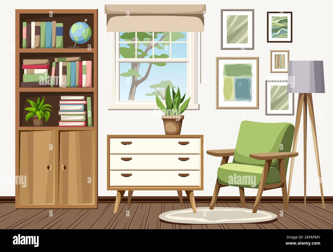 Intérieur du salon avec une bibliothèque, un fauteuil et une commode. Décoration intérieure scandinave rétro. Illustration vectorielle de dessin animé Illustration de Vecteur