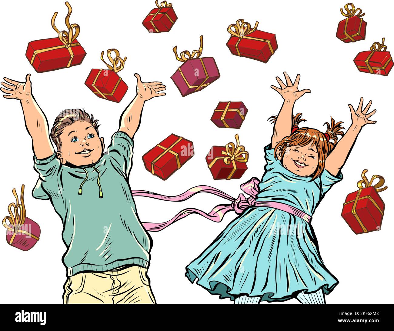 Joyeux garçon et fille heureux. Boîtes-cadeaux rouges. Fond d'anniversaire ou de noël Illustration de Vecteur