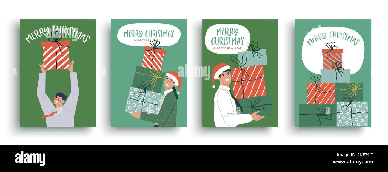 Noël bureau fête invitation carte de voeux ensemble illustration de femme d'affaires et homme tenant une grande pile de boîte cadeau. Fête d'hiver Illustration de Vecteur