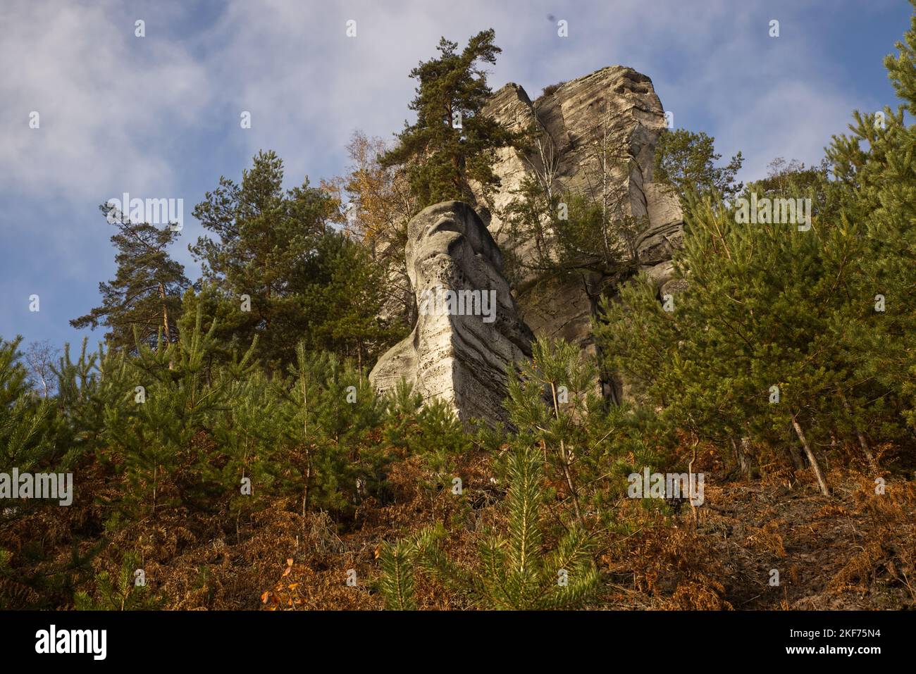 Massif rocheux situé en forêt le jour de l'automne avec ciel bleu nuageux et arbres avec feuilles colorées Banque D'Images
