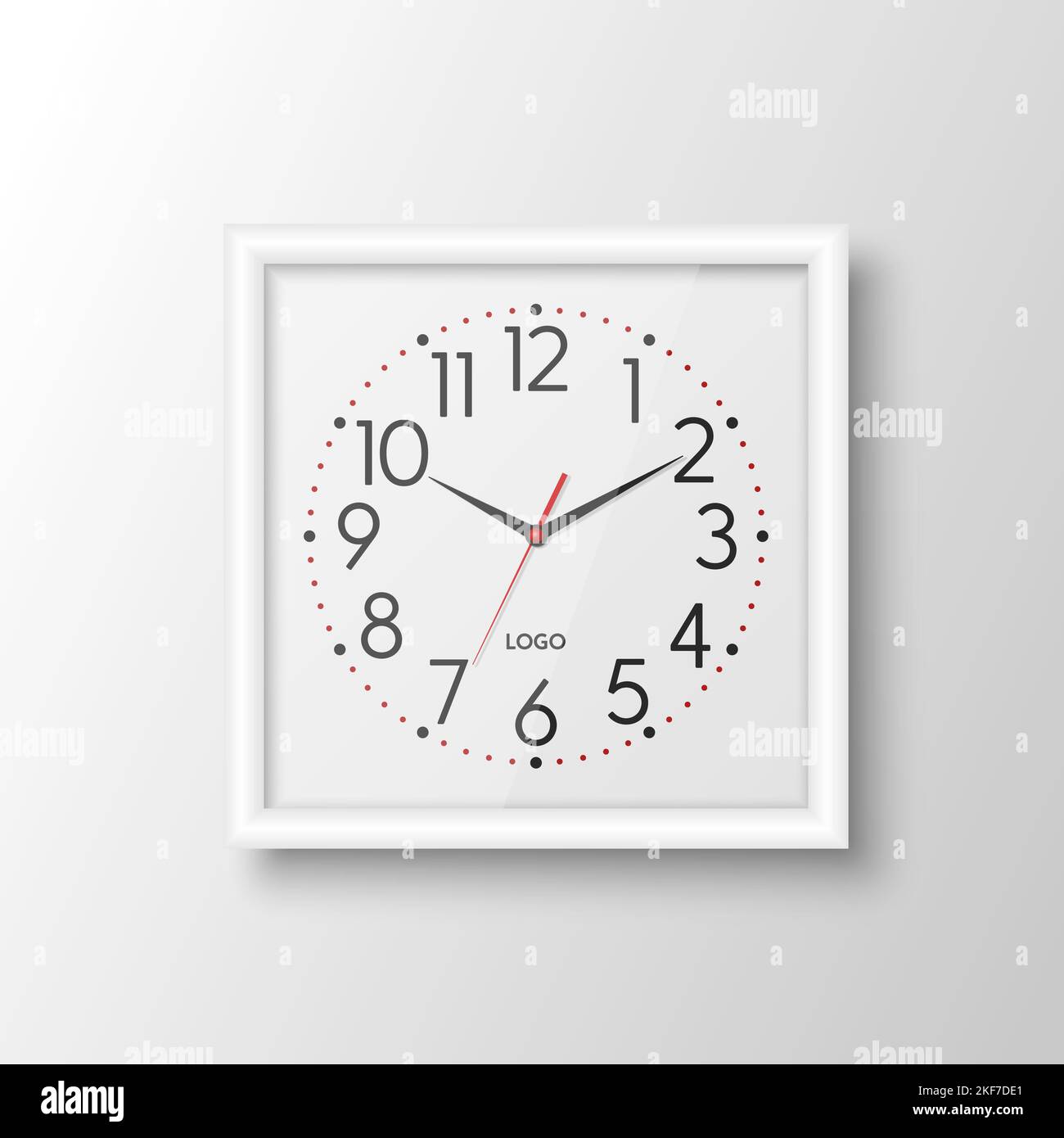 Vector 3D Realistic White Square Wall Office Clock, modèle de conception isolé. Cadre blanc, cadran blanc, maquette d'horloge murale pour marquage et Illustration de Vecteur