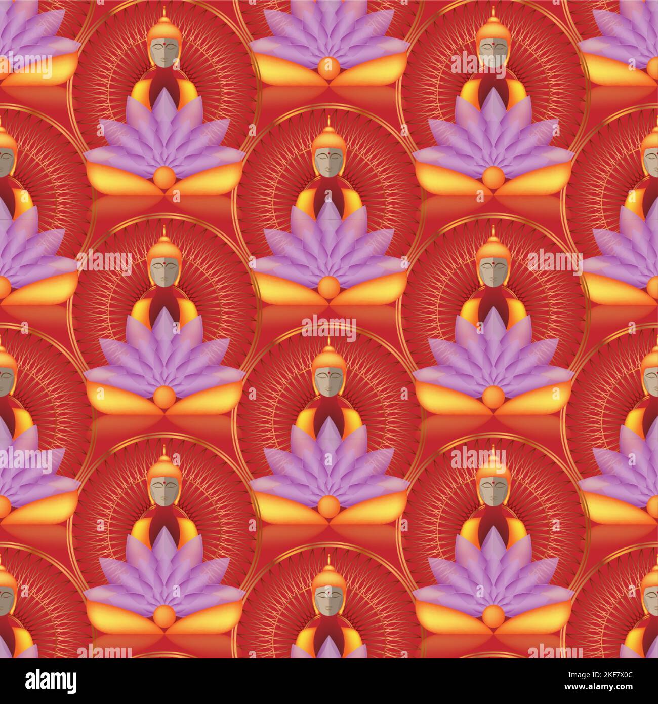 Bouddha assis sans couture sur des fleurs de Mandala et de lotus. Illustration du vecteur ésotérique. Arrière-plan vintage de culture décorative. Indien, bouddhisme Illustration de Vecteur