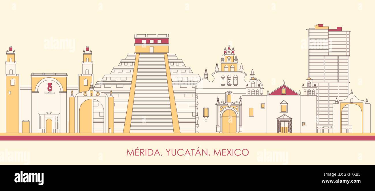 Caricature Panorama par Skyline de la ville de Merida, Yucatan, Mexique - illustration vectorielle Illustration de Vecteur
