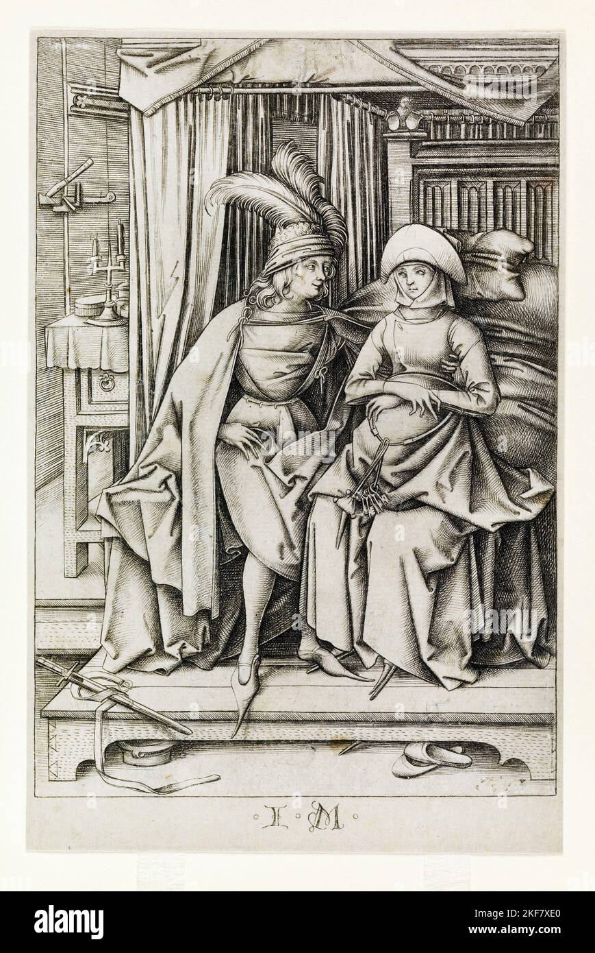 Israël van Meckenem; couple assis sur un lit, de scènes de la vie quotidienne; Circa 1490; gravure; Metropolitan Museum of Art, New York City, Etats-Unis. Banque D'Images