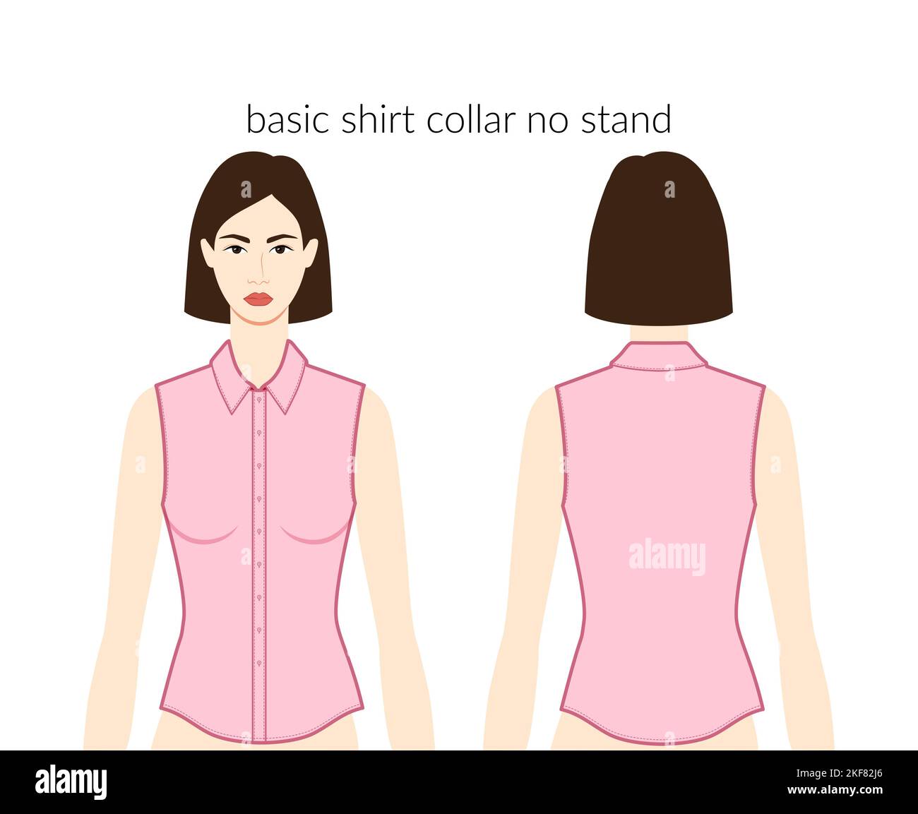 Chemise basique col pas de stand encolure patte vêtements caractère belle dame en rose haut, robe technique mode illustration avec corps ajusté. Modèle de vêtement plat. Femmes, hommes unisex CAD maquette Illustration de Vecteur