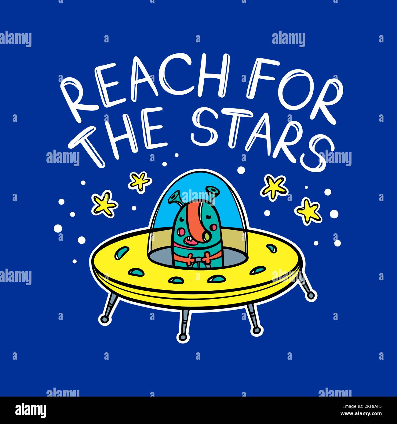 ALIEN STARSHIP Martian en soucoupe volante avec contours et texte devise Cute Space Cartoon Clipart Vector Illustration Set pour l'impression et la coupe sur le bleu Illustration de Vecteur