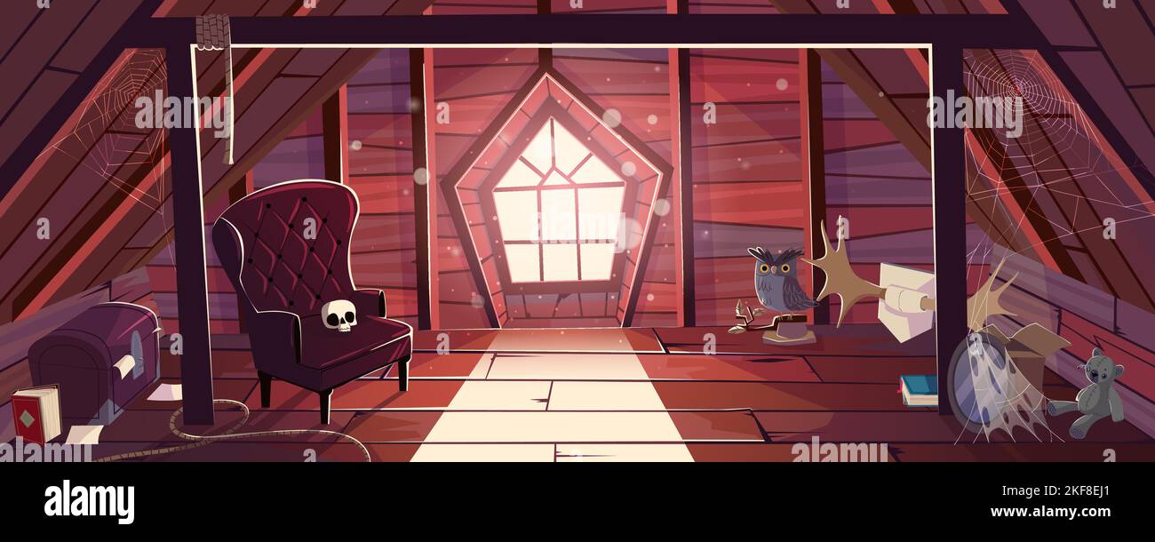 Ancienne maison grenier avec meubles vintage, jouets et livres. Salle en bois de mansarde avec fenêtre, toile de toile et poussière volante. Intérieur Garret avec chaise, poitrine, cornes de wapiti, dessin animé vectoriel Illustration de Vecteur