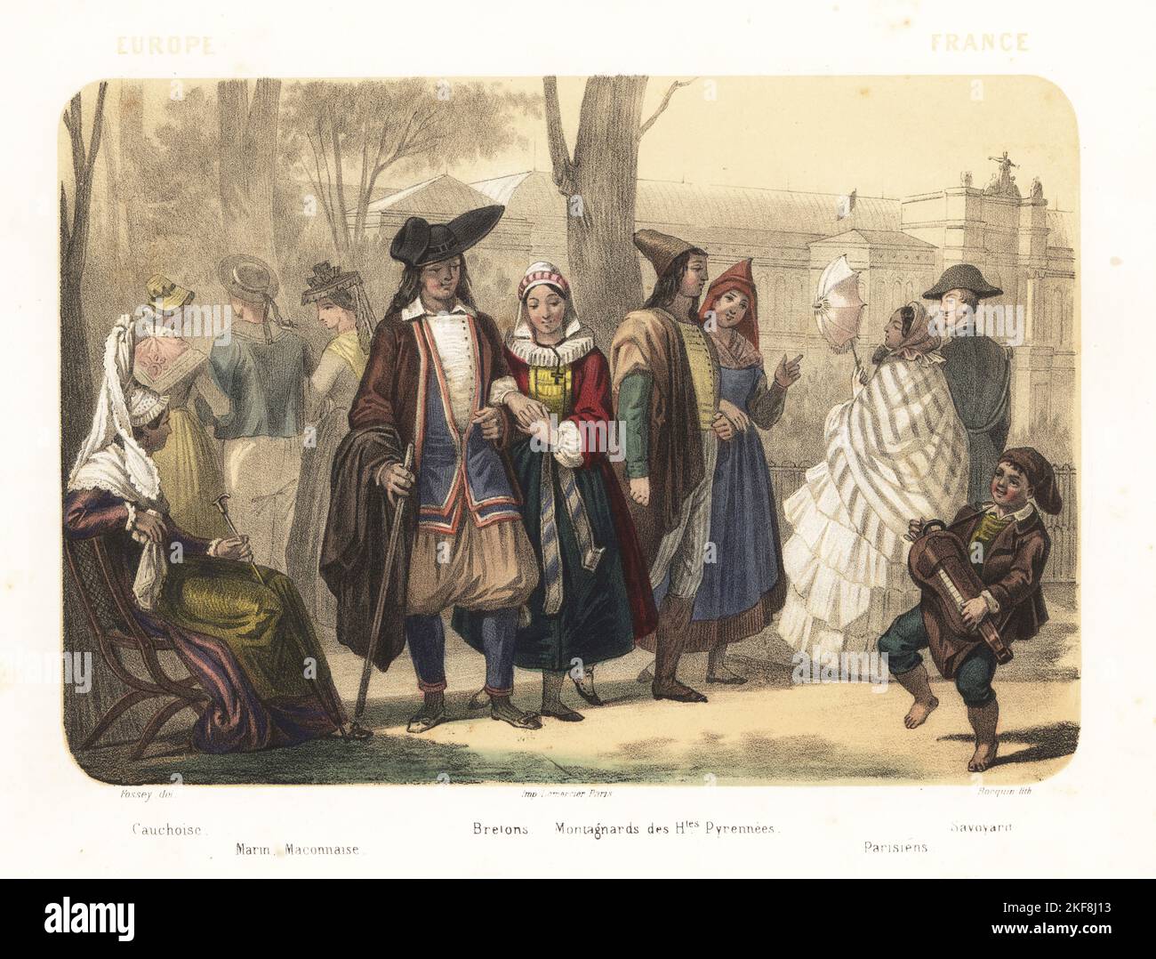 Français dans un parc de Paris, 1858. Femme de Caux en haut capot de dentelle, marin de Macon, couple de Bretagne en ponceaux et col de ruff, couple des montagnes des Hautes Pyrénées, couple parisien à la mode et jeune Savoyard jouant un hurdygurdy. Cauchoise, marin Maconnaise, Bretons, montagnards des Hautes Pyrénées, Parisiens, Savoyard. Lithographie sépia et colorée à la main de Jean-Adolphe Bocquin, d'après une illustration de Felix Fossey d'Elisabeth Muller (pseudonyme de Leonie Bedelet), le monde en Etampes, le monde en estampes, Amadee Bedelet, Paris, 1858. Banque D'Images