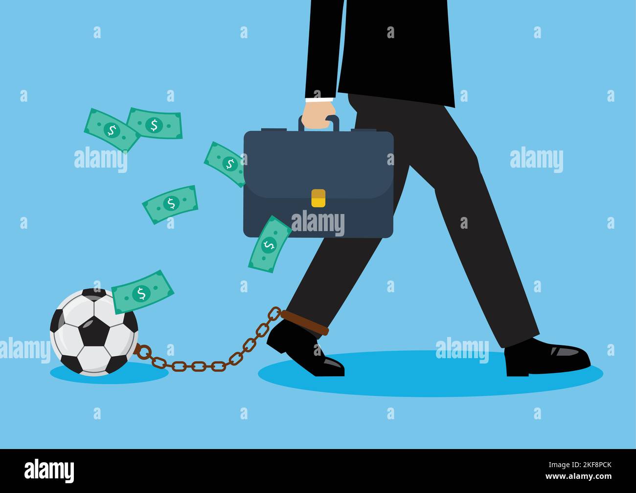 Homme d'affaires tenant un sac d'argent avec un poids de football. Notion de situation de corruption. Illustration de Vecteur