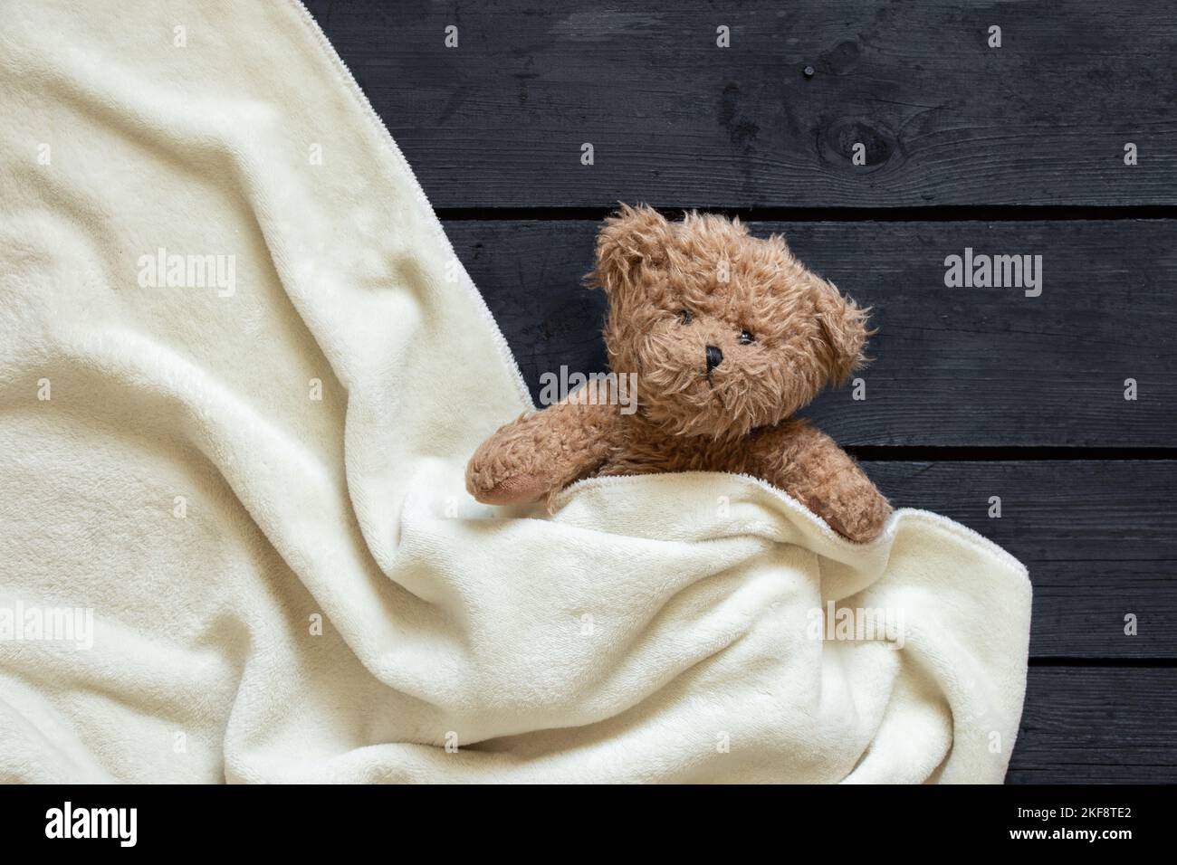 ours en peluche l'ours brun se trouve sous une couverture blanche sur un fond noir en bois, enfant Banque D'Images