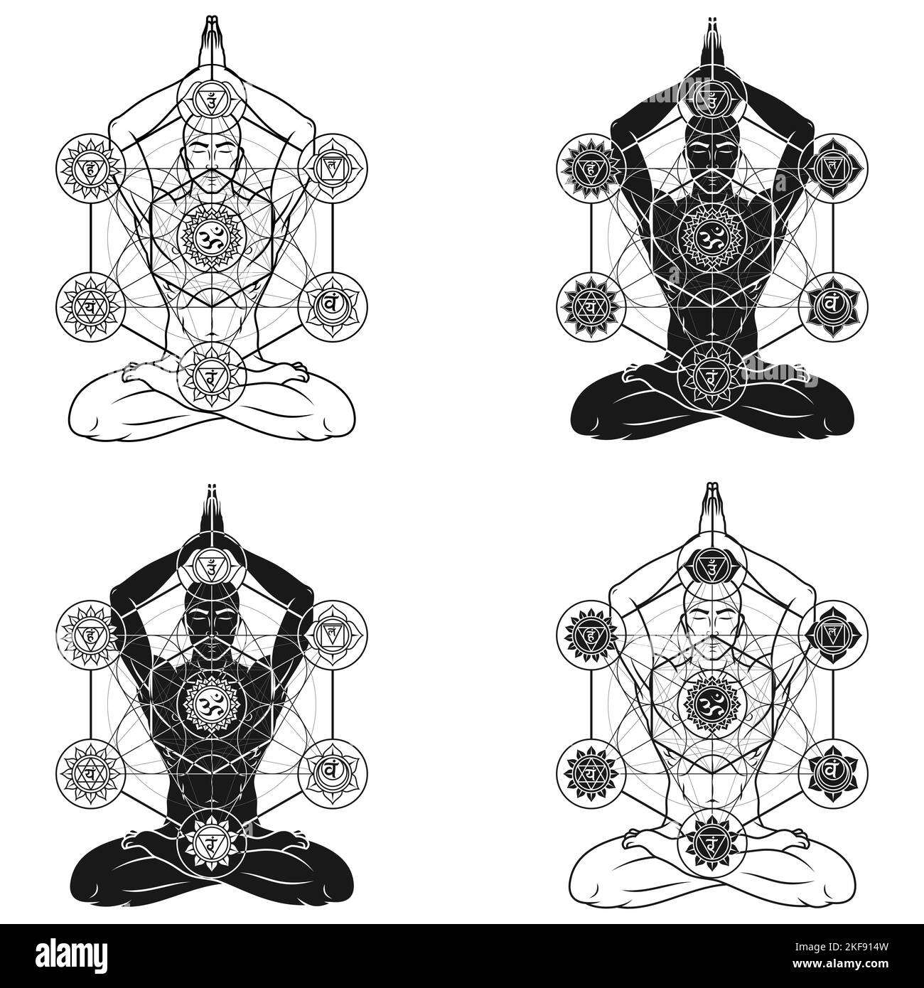 Dessin vectoriel de l'homme méditant en position de fleur de lotus avec la figure de metatron et le symbole de chakra Illustration de Vecteur